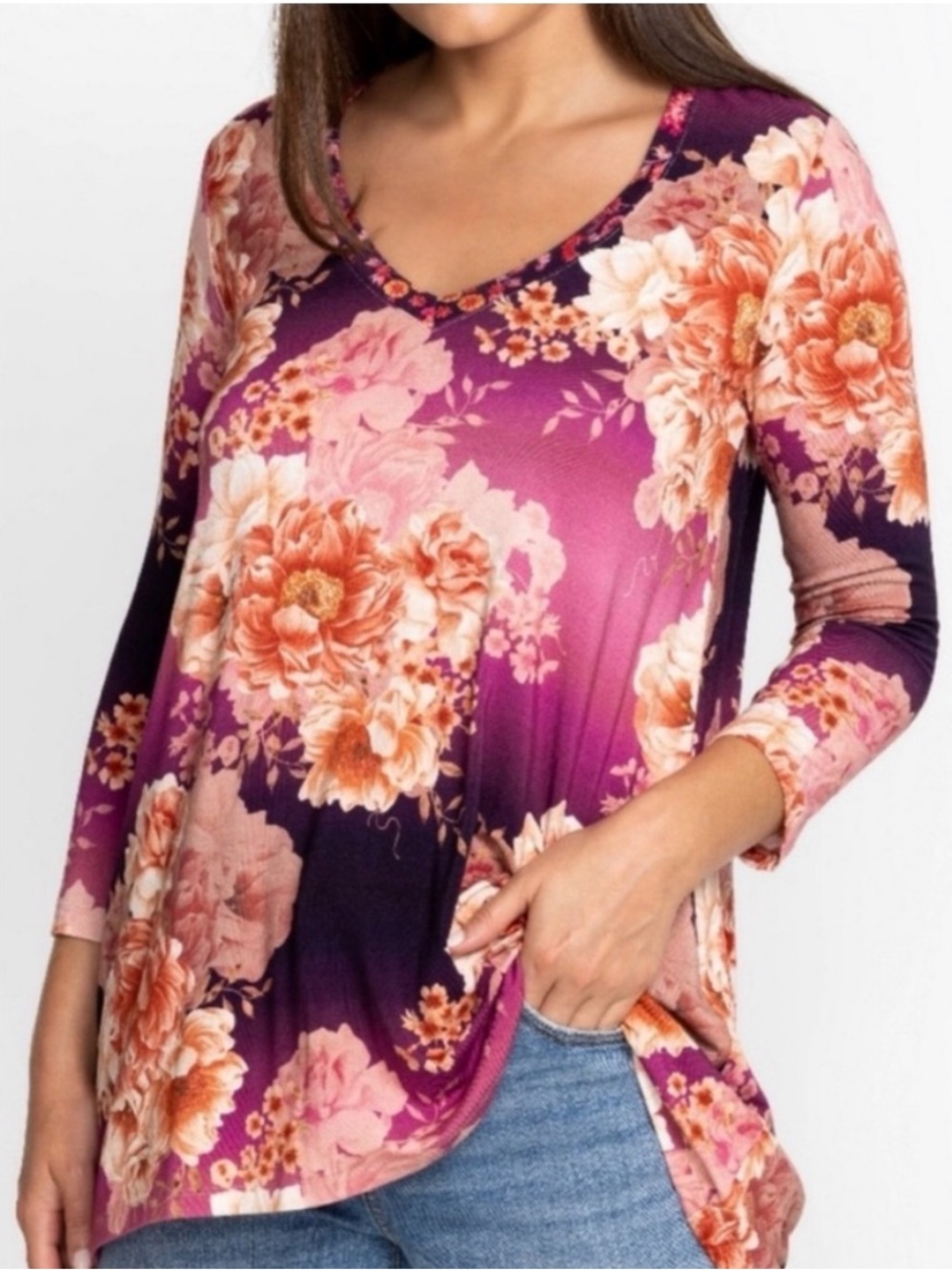Johnny Was Carina V-Neck Floral Slinky Swing Tunic Boho Botanical Hippie Size M